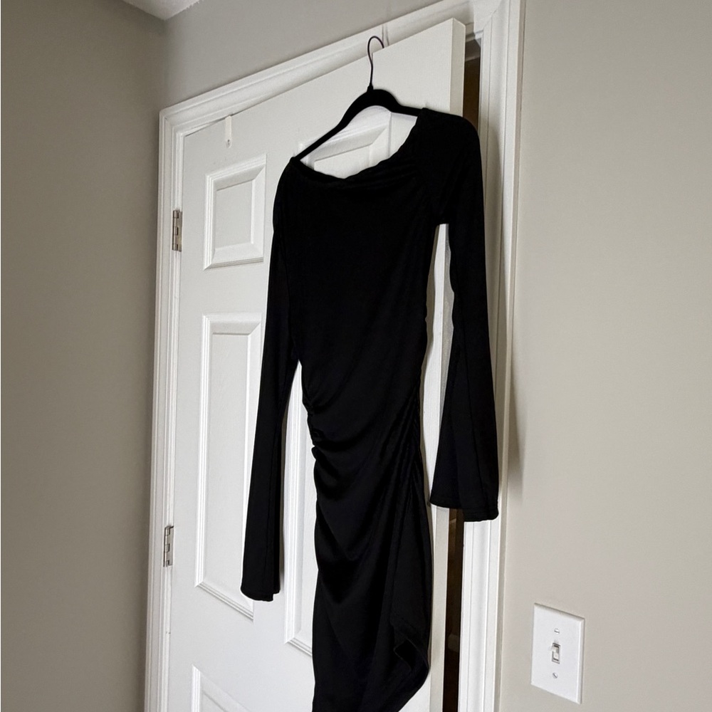 Black Long-Sleeve Ruched Midi Dress + Sweater
